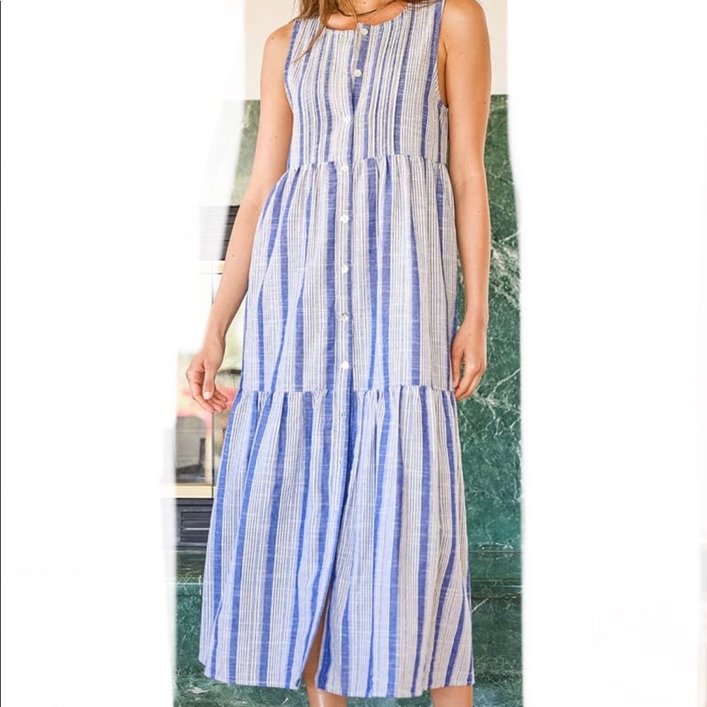 NWT Lulus Striped Button-Up Tiered Midi Dress